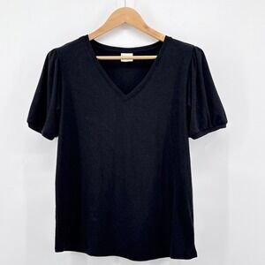 Mod Ref Black V Neck Puff Sleeve T‎ Shirt Womens Medium Knit Top Casual